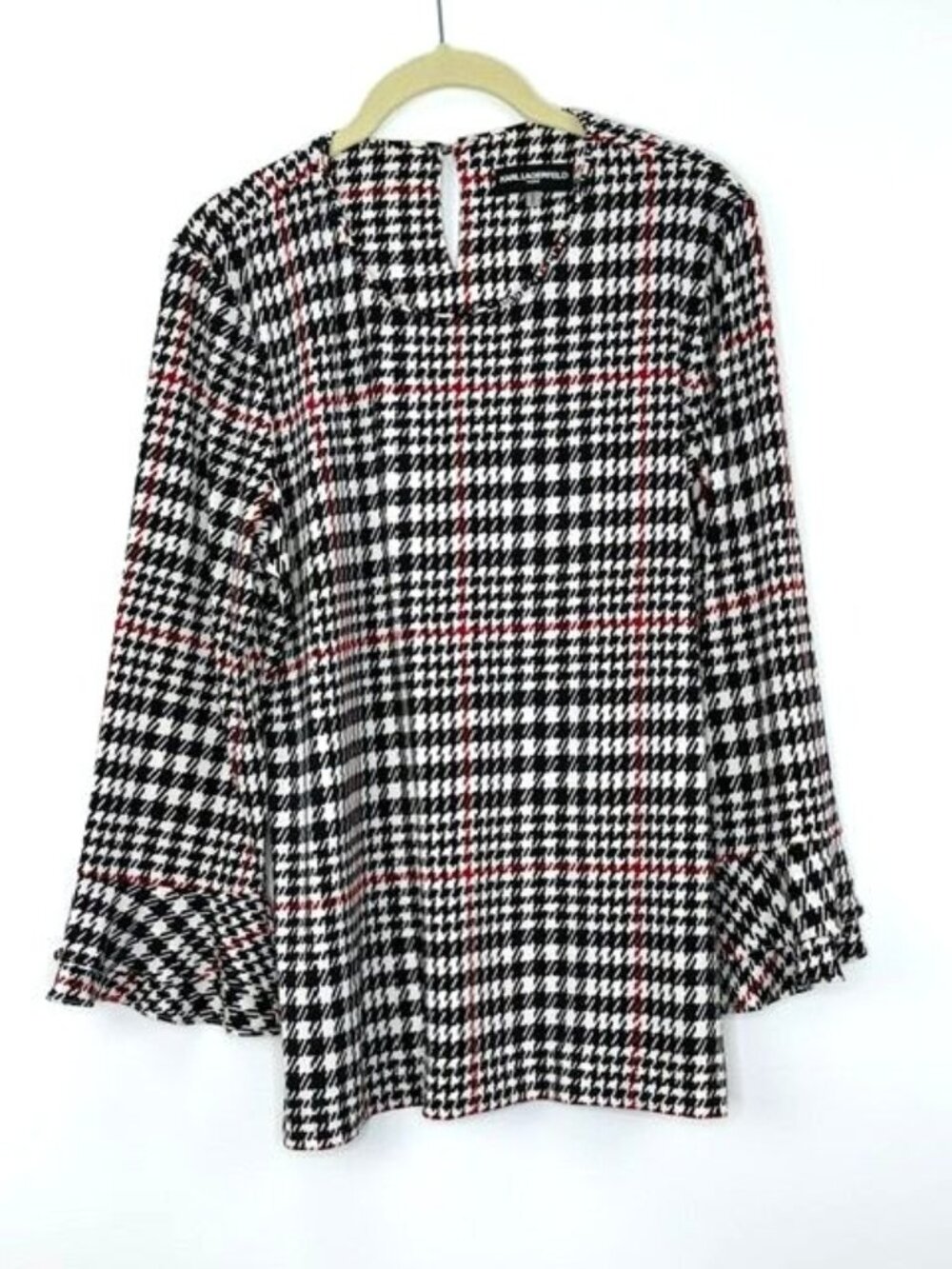 Karl Lagerfeld Women's Houndstooth Print Bell Sleeve Blouse Size M
